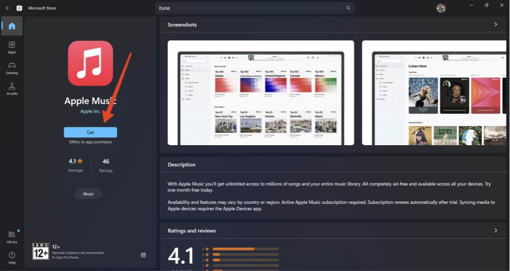 Click on Apple Music and then click Get or Install