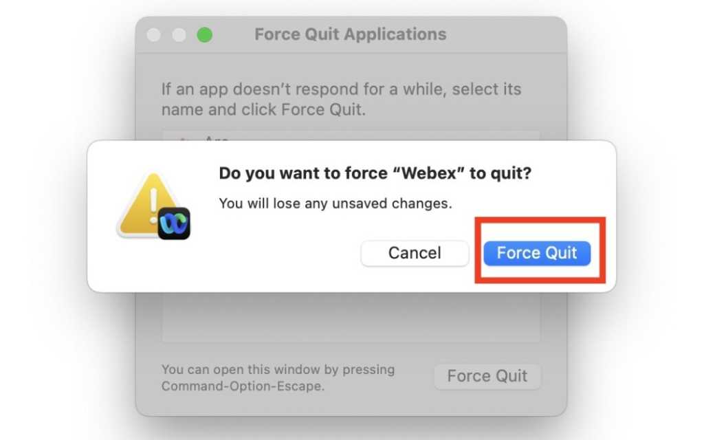 Force Quit the Webex app on your Mac by following the earlier steps