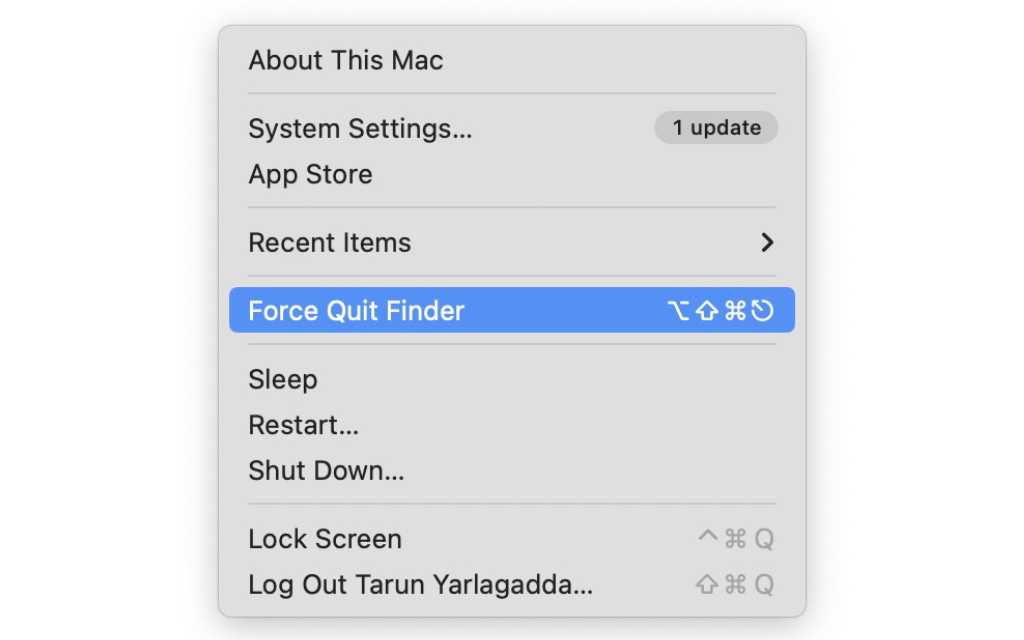 From here, click and open Force Quit. Alternatively, press the Option ⌥ + Command ⌘ + Esc keys from any screen on your Mac to launch Force Quit