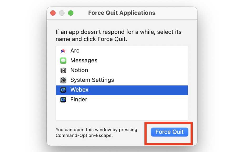 Now, click on the Webex app to select and click the Force Quit button