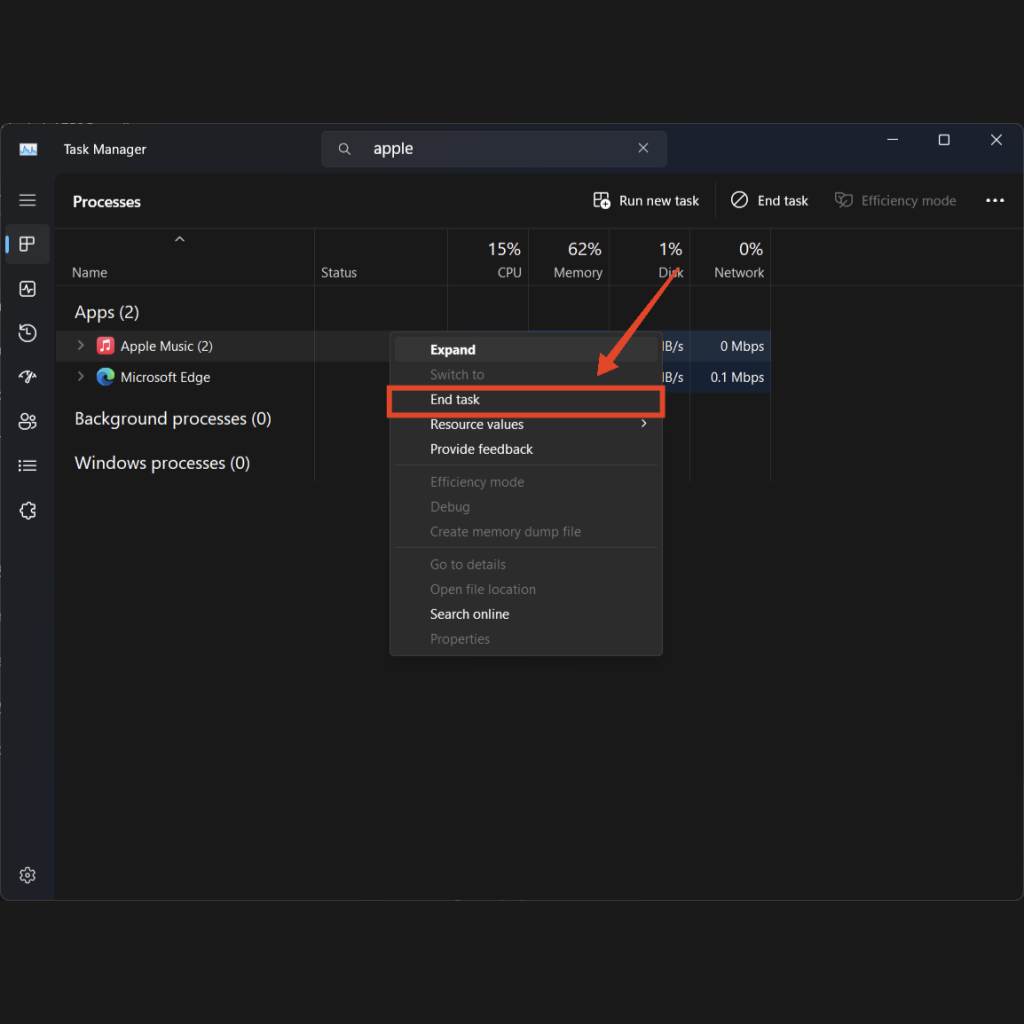 Once found, right-click on Apple Music and select End Task